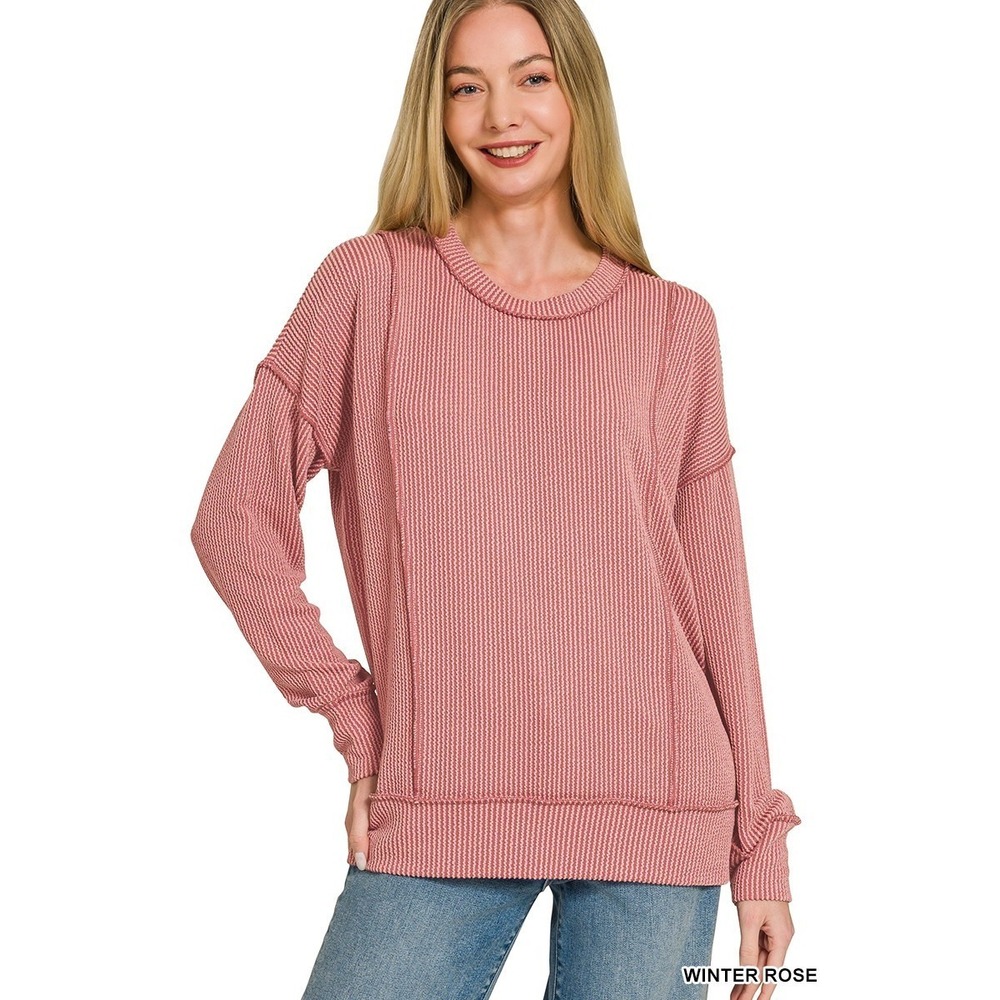 Zenana Corded Rib Long Sleeve‎ Round Neck Top - Winter Rose - Large